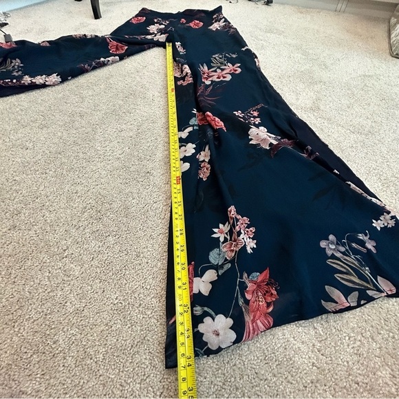 ZARA navy blue pink floral flower chiffon wide leg slit hem pants Sz M - Picture 12 of 14